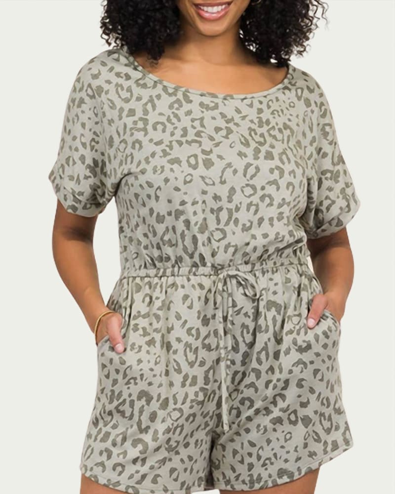 Front of a model wearing a size 2X Leopard Stretch Modal-Blend Romper in Olive in Olive by BLUE LEOPARD. | dia_product_style_image_id:335839
